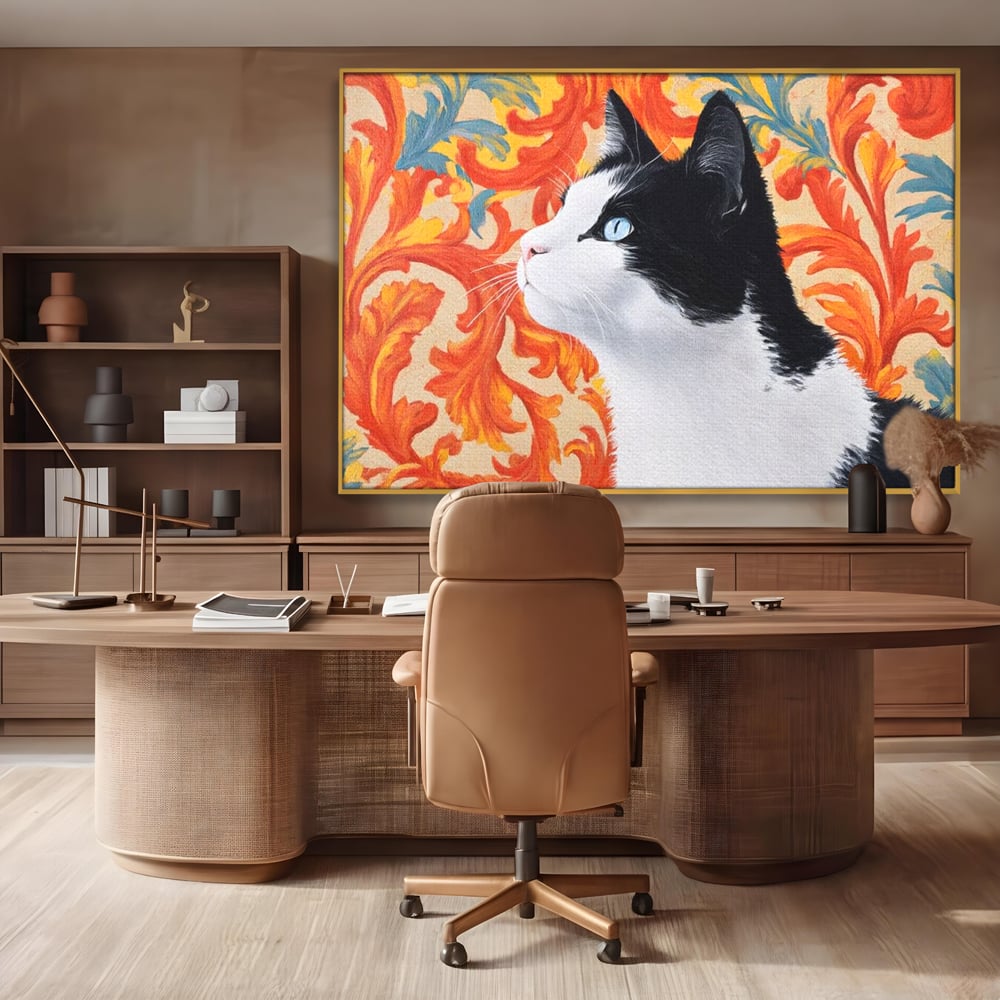 Leinwand Wandkunst Canvas Premium, LuxCanva® M1197, Ornamentaler Traum, Katze, Tapete, Floral, Raffiniert, Fell, Bohème, Romantisch, Klassisch, Feline, Künstlerisch, Büro, Wohnen, Kinderzimmer