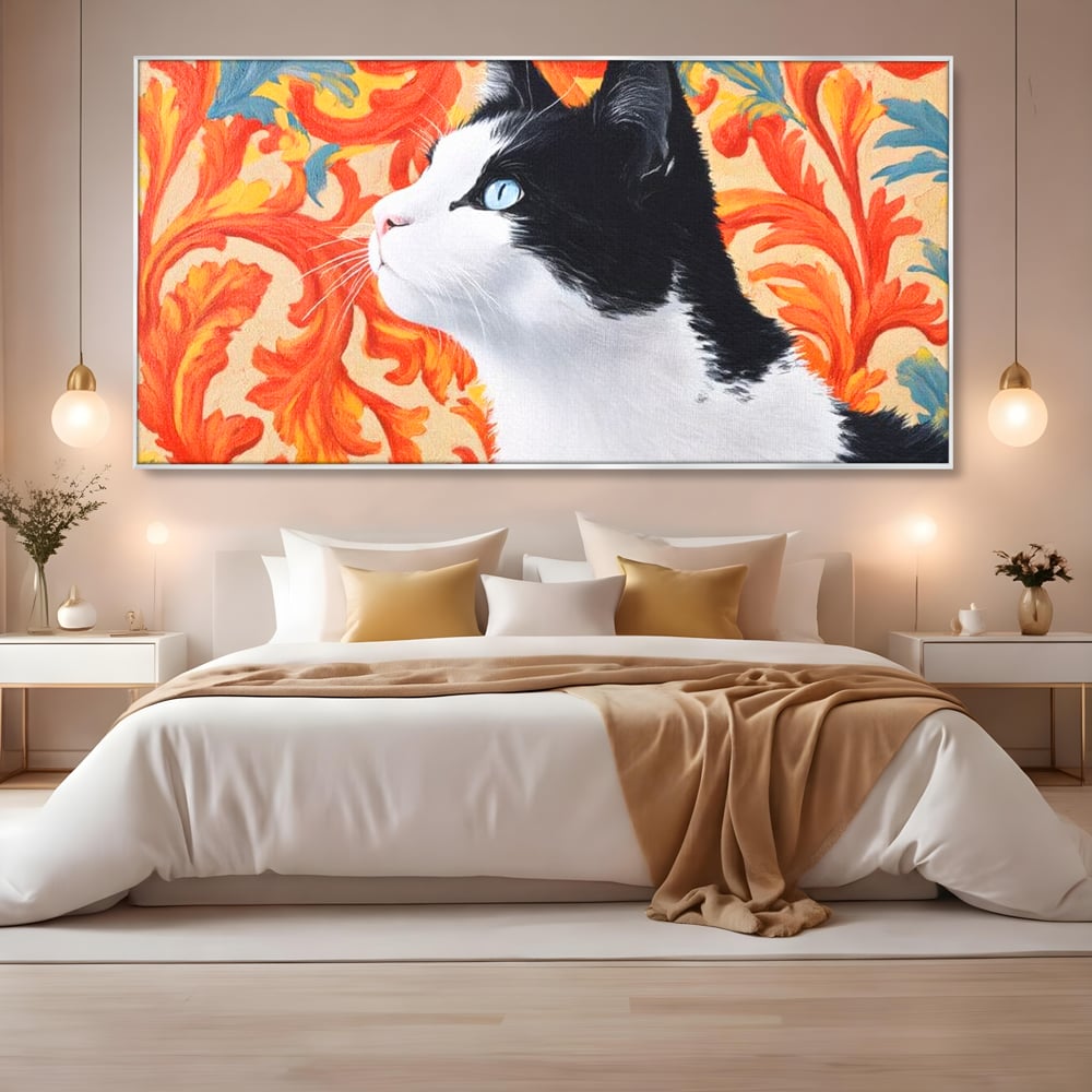 Leinwand Wandkunst Canvas Premium, LuxCanva® M1197, Ornamentaler Traum, Katze, Tapete, Floral, Raffiniert, Fell, Bohème, Romantisch, Klassisch, Feline, Künstlerisch, Büro, Wohnen, Kinderzimmer