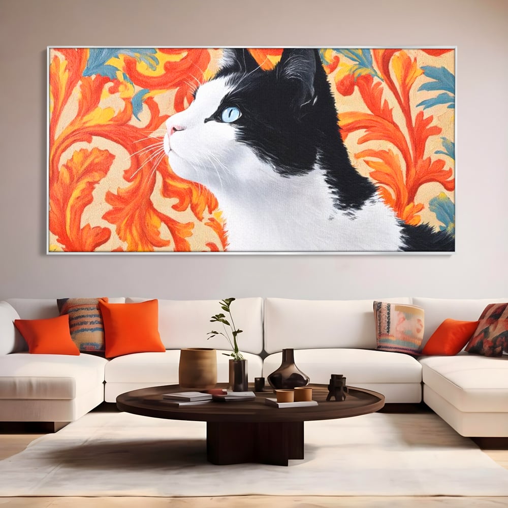Leinwand Wandkunst Canvas Premium, LuxCanva® M1197, Ornamentaler Traum, Katze, Tapete, Floral, Raffiniert, Fell, Bohème, Romantisch, Klassisch, Feline, Künstlerisch, Büro, Wohnen, Kinderzimmer