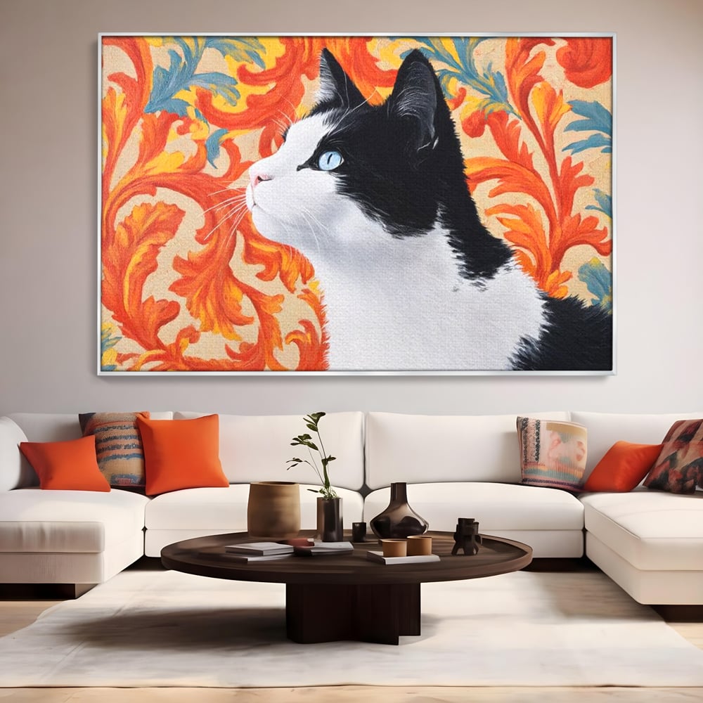 Leinwand Wandkunst Canvas Premium, LuxCanva® M1197, Ornamentaler Traum, Katze, Tapete, Floral, Raffiniert, Fell, Bohème, Romantisch, Klassisch, Feline, Künstlerisch, Büro, Wohnen, Kinderzimmer