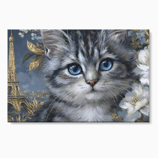 Tablou Canvas Premium, LuxCanva® M1198, Bijuteriile Parisului, Turnul Eiffel, Auriu, Flori, Petale, Pisica, Felina, Pufos, Blana, Ochi, Eleganta, Pictura, Paris, Birou, Living, Camera Copil