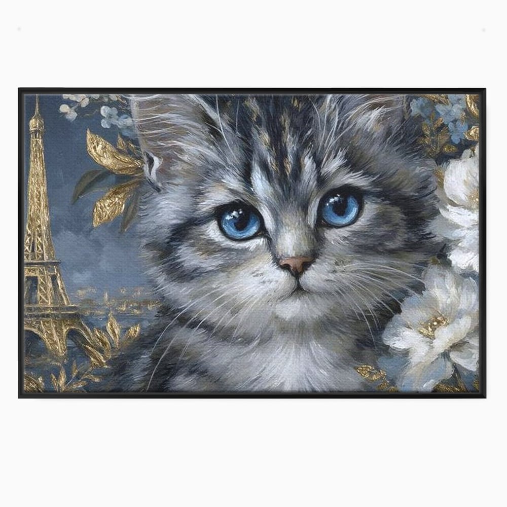 Tablou Canvas Premium, LuxCanva® M1198, Bijuteriile Parisului, Turnul Eiffel, Auriu, Flori, Petale, Pisica, Felina, Pufos, Blana, Ochi, Eleganta, Pictura, Paris, Birou, Living, Camera Copil