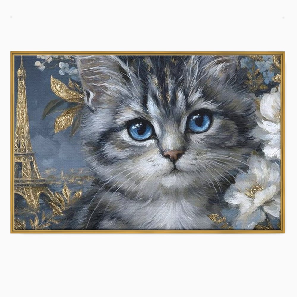 Tablou Canvas Premium, LuxCanva® M1198, Bijuteriile Parisului, Turnul Eiffel, Auriu, Flori, Petale, Pisica, Felina, Pufos, Blana, Ochi, Eleganta, Pictura, Paris, Birou, Living, Camera Copil