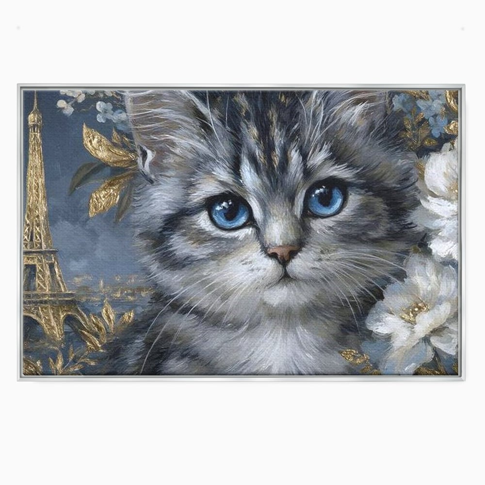 Tablou Canvas Premium, LuxCanva® M1198, Bijuteriile Parisului, Turnul Eiffel, Auriu, Flori, Petale, Pisica, Felina, Pufos, Blana, Ochi, Eleganta, Pictura, Paris, Birou, Living, Camera Copil