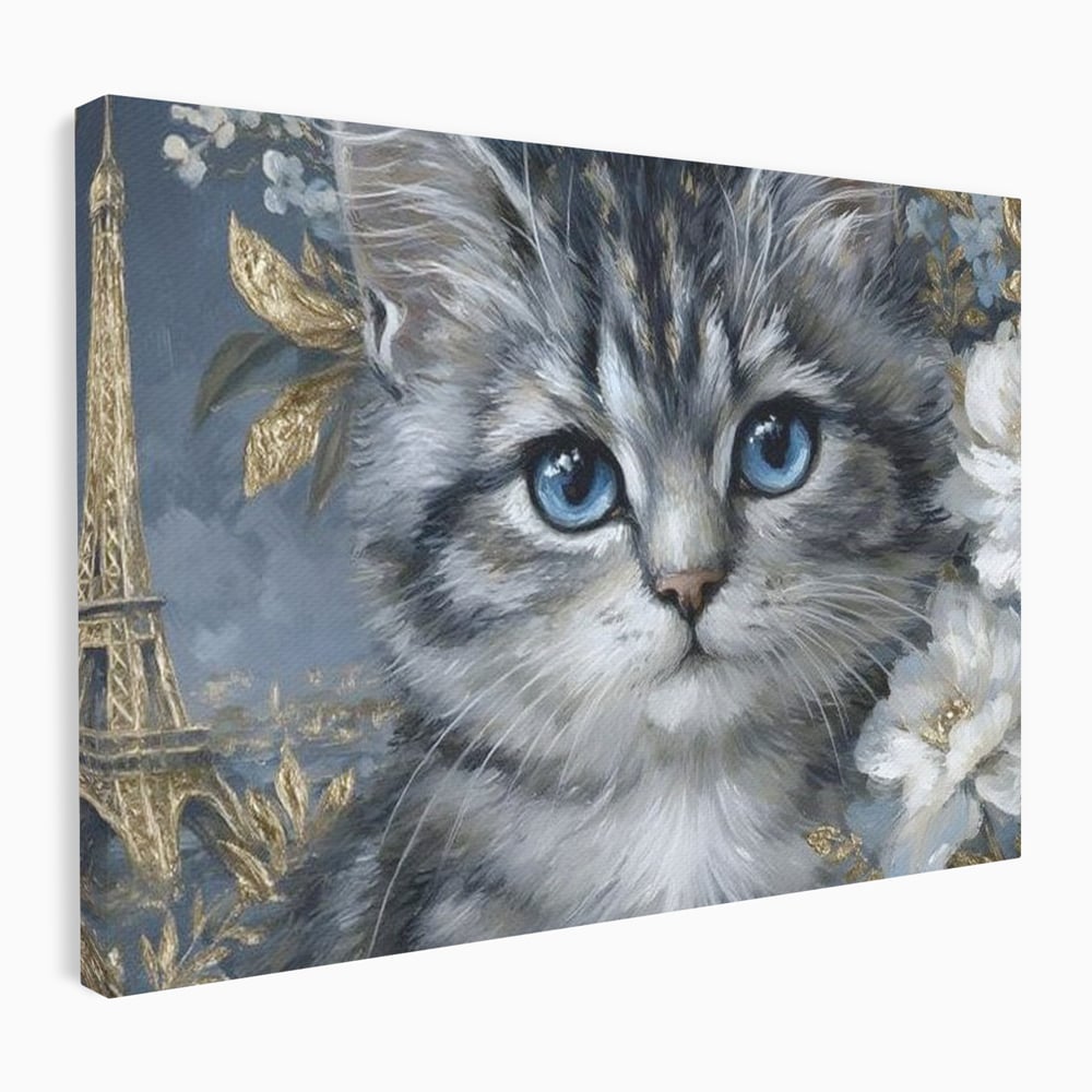 Tablou Canvas Premium, LuxCanva® M1198, Bijuteriile Parisului, Turnul Eiffel, Auriu, Flori, Petale, Pisica, Felina, Pufos, Blana, Ochi, Eleganta, Pictura, Paris, Birou, Living, Camera Copil