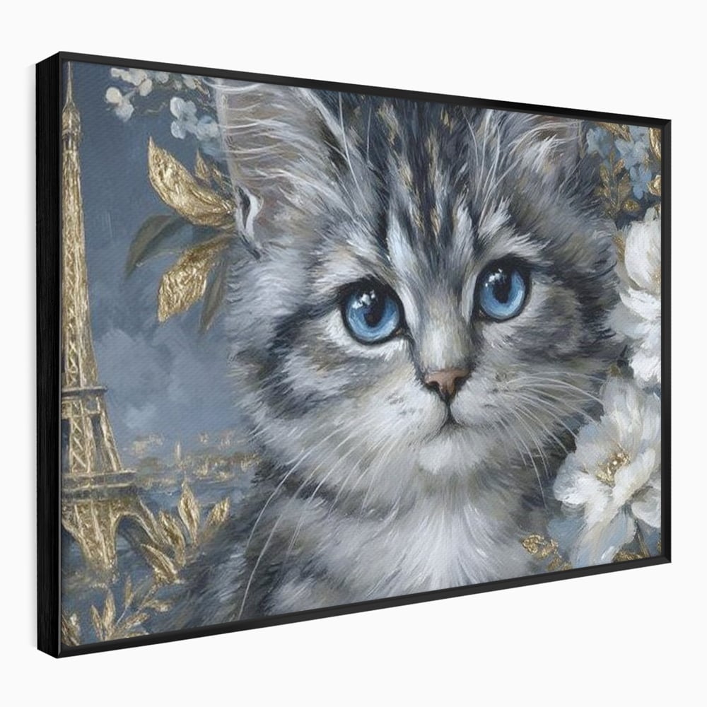 Tablou Canvas Premium, LuxCanva® M1198, Bijuteriile Parisului, Turnul Eiffel, Auriu, Flori, Petale, Pisica, Felina, Pufos, Blana, Ochi, Eleganta, Pictura, Paris, Birou, Living, Camera Copil