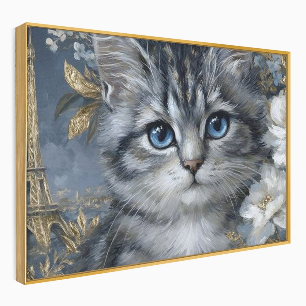 Tablou Canvas Premium, LuxCanva® M1198, Bijuteriile Parisului, Turnul Eiffel, Auriu, Flori, Petale, Pisica, Felina, Pufos, Blana, Ochi, Eleganta, Pictura, Paris, Birou, Living, Camera Copil