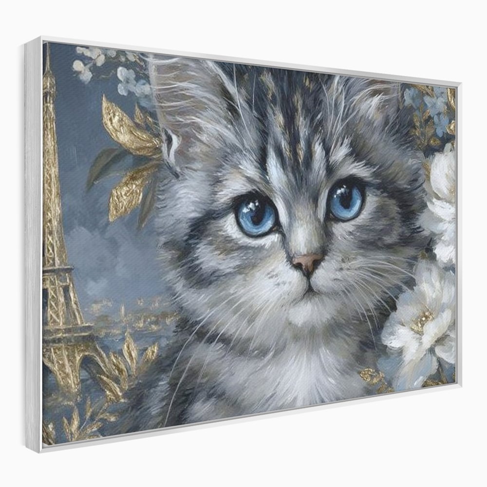 Tablou Canvas Premium, LuxCanva® M1198, Bijuteriile Parisului, Turnul Eiffel, Auriu, Flori, Petale, Pisica, Felina, Pufos, Blana, Ochi, Eleganta, Pictura, Paris, Birou, Living, Camera Copil
