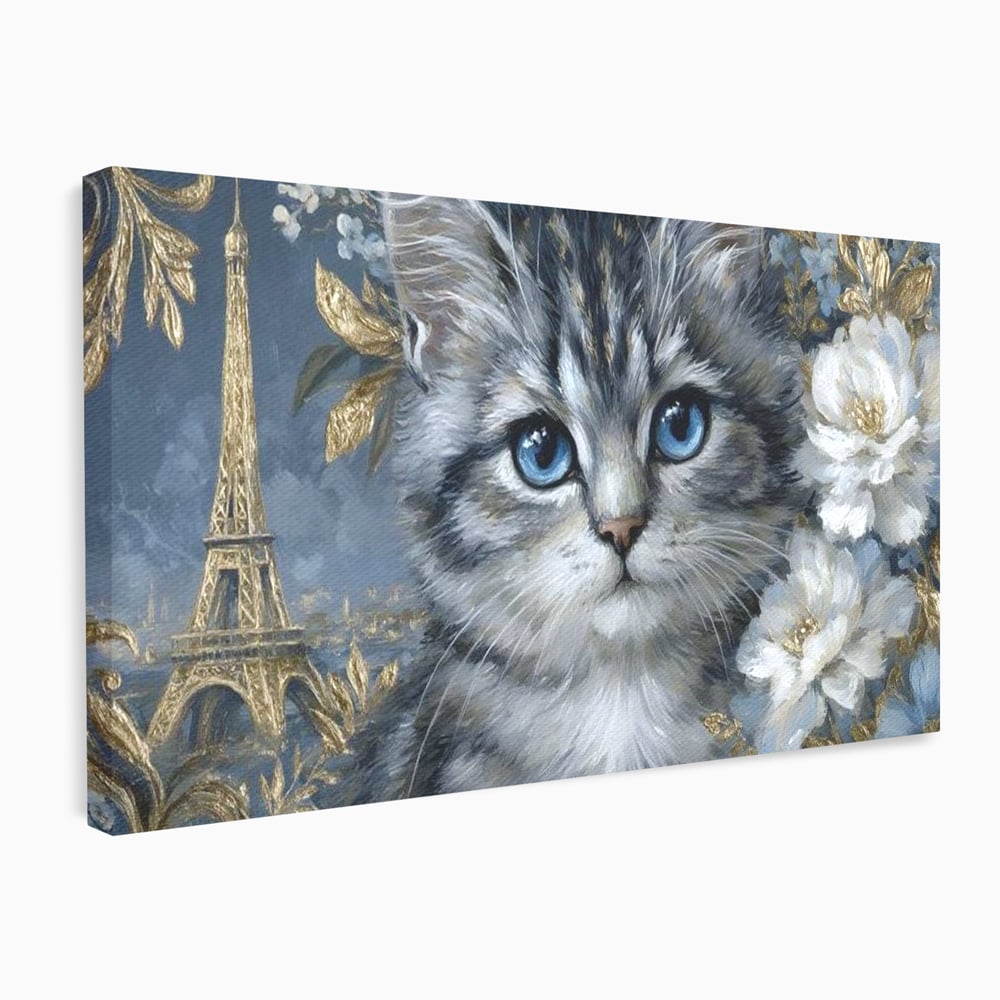 Tablou Canvas Premium, LuxCanva® M1198, Bijuteriile Parisului, Turnul Eiffel, Auriu, Flori, Petale, Pisica, Felina, Pufos, Blana, Ochi, Eleganta, Pictura, Paris, Birou, Living, Camera Copil