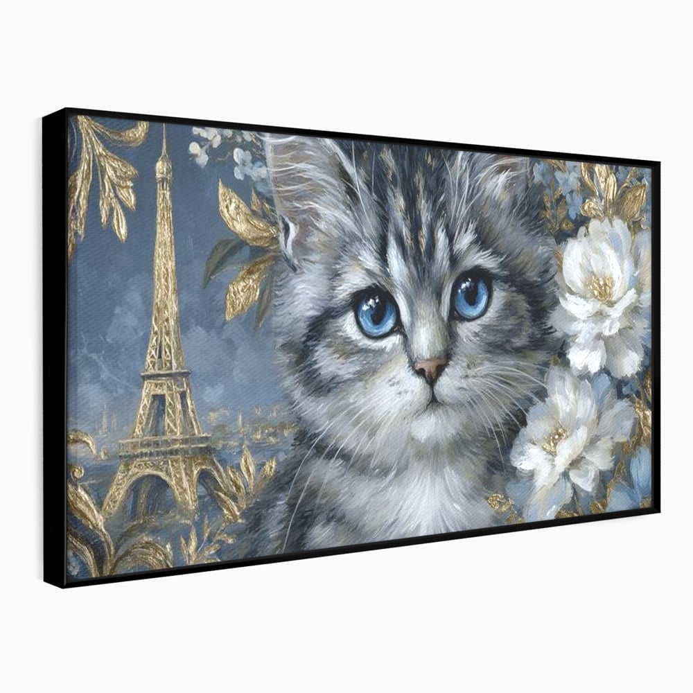 Tablou Canvas Premium, LuxCanva® M1198, Bijuteriile Parisului, Turnul Eiffel, Auriu, Flori, Petale, Pisica, Felina, Pufos, Blana, Ochi, Eleganta, Pictura, Paris, Birou, Living, Camera Copil