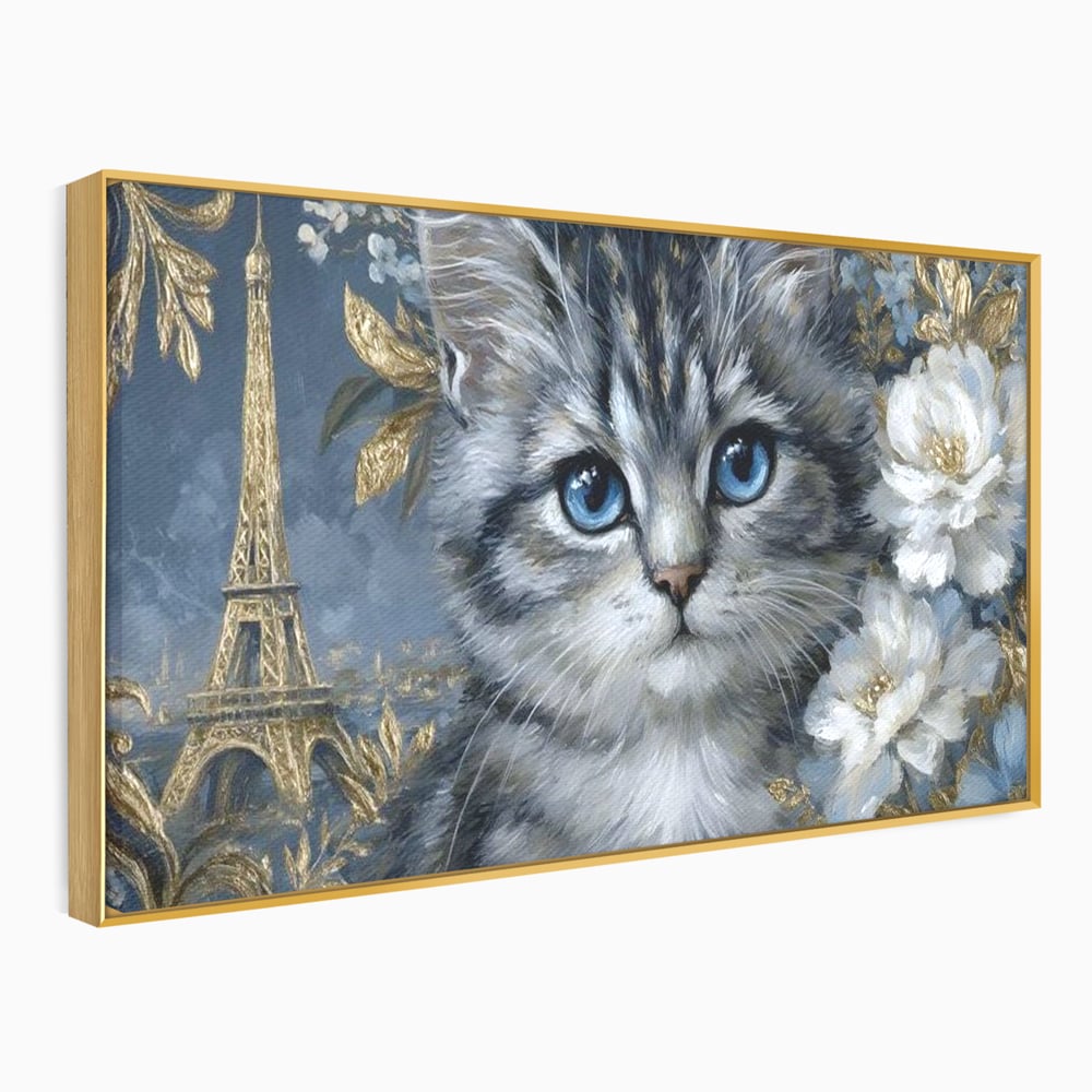 Tablou Canvas Premium, LuxCanva® M1198, Bijuteriile Parisului, Turnul Eiffel, Auriu, Flori, Petale, Pisica, Felina, Pufos, Blana, Ochi, Eleganta, Pictura, Paris, Birou, Living, Camera Copil