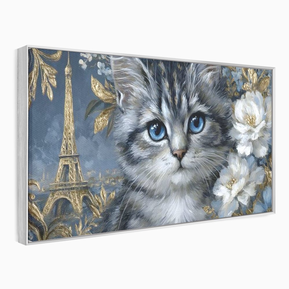 Tablou Canvas Premium, LuxCanva® M1198, Bijuteriile Parisului, Turnul Eiffel, Auriu, Flori, Petale, Pisica, Felina, Pufos, Blana, Ochi, Eleganta, Pictura, Paris, Birou, Living, Camera Copil