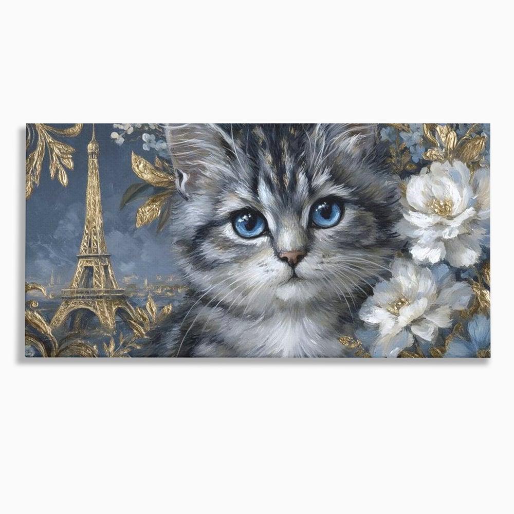 Tablou Canvas Premium, LuxCanva® M1198, Bijuteriile Parisului, Turnul Eiffel, Auriu, Flori, Petale, Pisica, Felina, Pufos, Blana, Ochi, Eleganta, Pictura, Paris, Birou, Living, Camera Copil