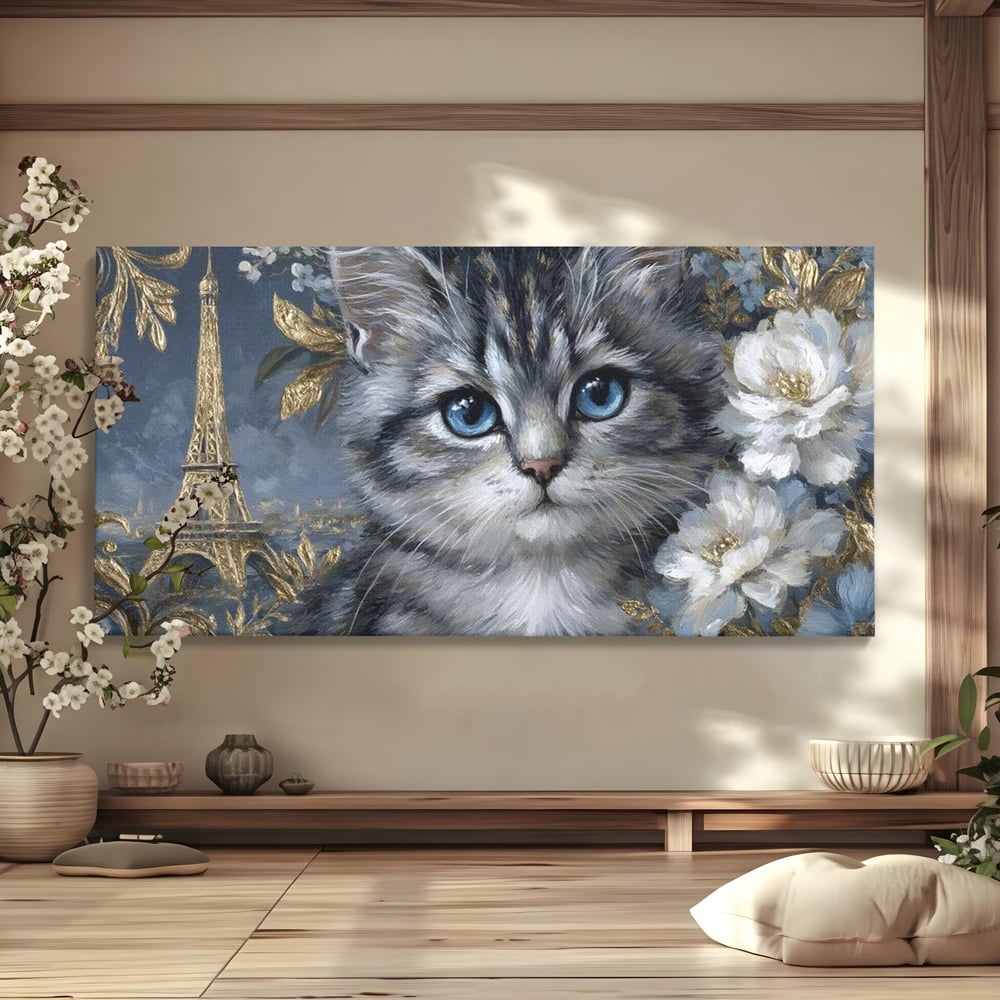 Tablou Canvas Premium, LuxCanva® M1198, Bijuteriile Parisului, Turnul Eiffel, Auriu, Flori, Petale, Pisica, Felina, Pufos, Blana, Ochi, Eleganta, Pictura, Paris, Birou, Living, Camera Copil