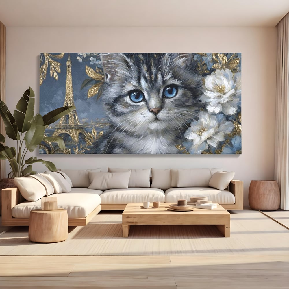 Tablou Canvas Premium, LuxCanva® M1198, Bijuteriile Parisului, Turnul Eiffel, Auriu, Flori, Petale, Pisica, Felina, Pufos, Blana, Ochi, Eleganta, Pictura, Paris, Birou, Living, Camera Copil