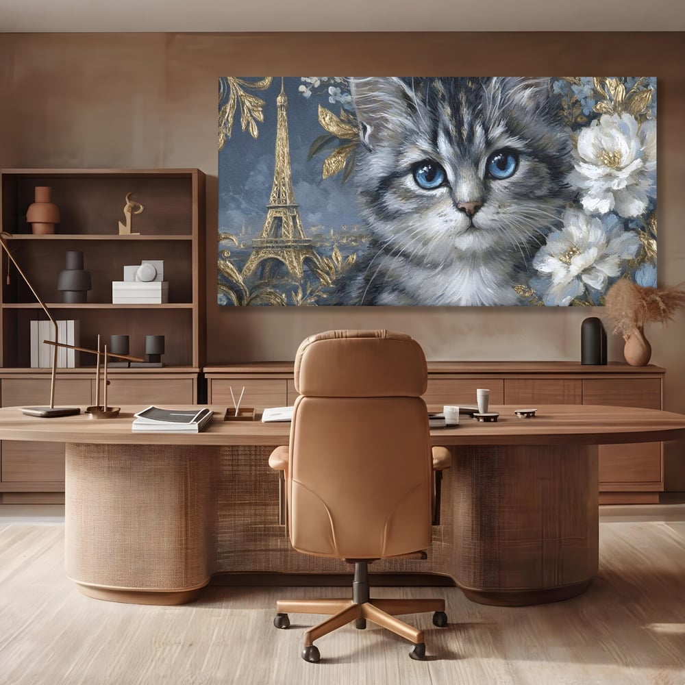 Tablou Canvas Premium, LuxCanva® M1198, Bijuteriile Parisului, Turnul Eiffel, Auriu, Flori, Petale, Pisica, Felina, Pufos, Blana, Ochi, Eleganta, Pictura, Paris, Birou, Living, Camera Copil