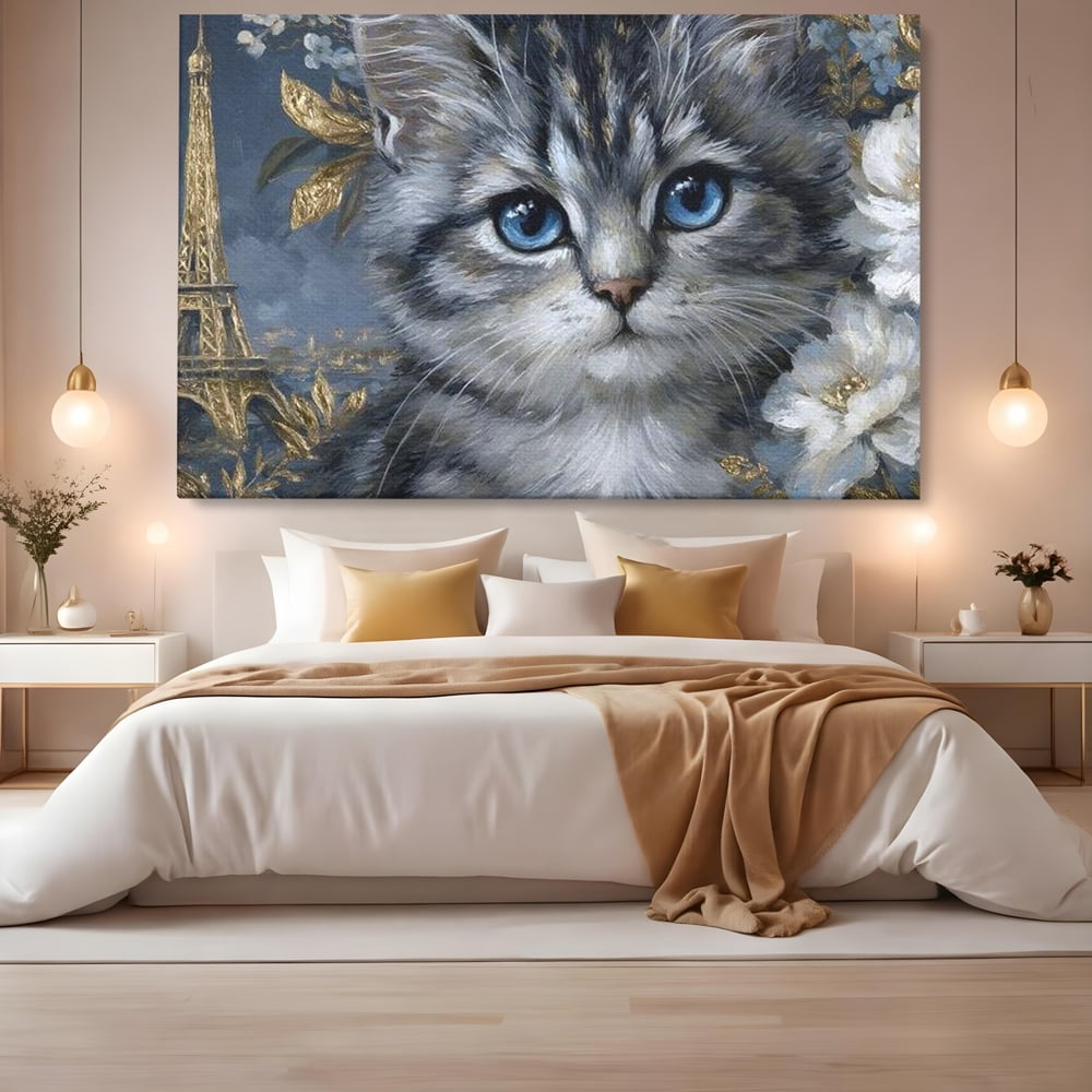 Tablou Canvas Premium, LuxCanva® M1198, Bijuteriile Parisului, Turnul Eiffel, Auriu, Flori, Petale, Pisica, Felina, Pufos, Blana, Ochi, Eleganta, Pictura, Paris, Birou, Living, Camera Copil