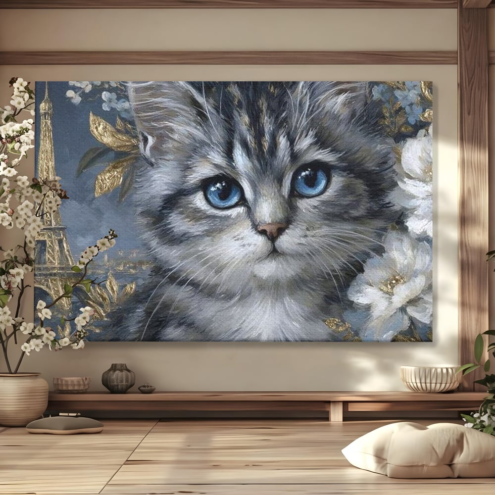 Tablou Canvas Premium, LuxCanva® M1198, Bijuteriile Parisului, Turnul Eiffel, Auriu, Flori, Petale, Pisica, Felina, Pufos, Blana, Ochi, Eleganta, Pictura, Paris, Birou, Living, Camera Copil