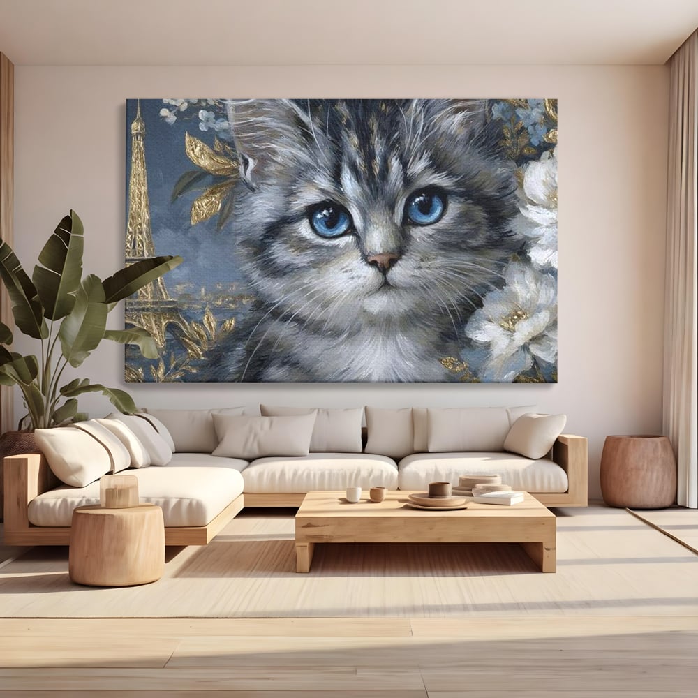 Tablou Canvas Premium, LuxCanva® M1198, Bijuteriile Parisului, Turnul Eiffel, Auriu, Flori, Petale, Pisica, Felina, Pufos, Blana, Ochi, Eleganta, Pictura, Paris, Birou, Living, Camera Copil