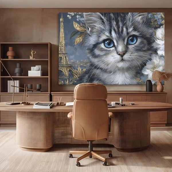Tablou Canvas Premium, LuxCanva® M1198, Bijuteriile Parisului, Turnul Eiffel, Auriu, Flori, Petale, Pisica, Felina, Pufos, Blana, Ochi, Eleganta, Pictura, Paris, Birou, Living, Camera Copil