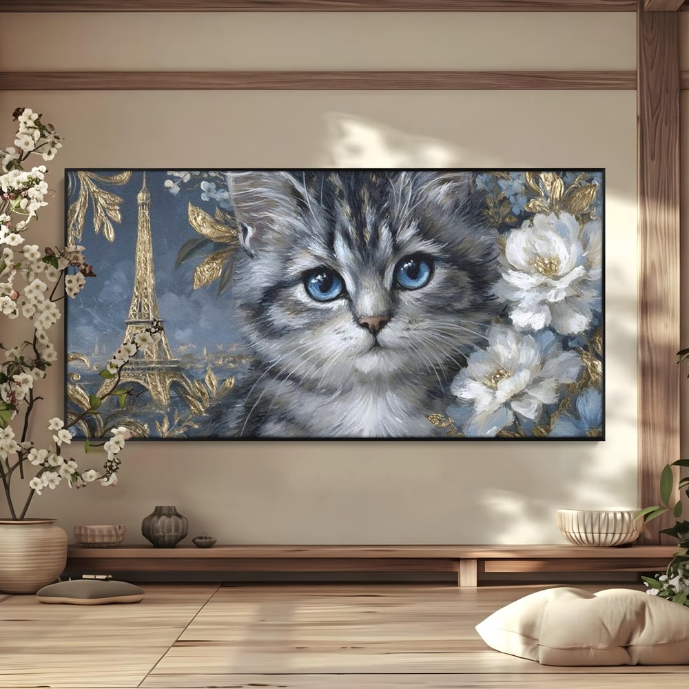 Tablou Canvas Premium, LuxCanva® M1198, Bijuteriile Parisului, Turnul Eiffel, Auriu, Flori, Petale, Pisica, Felina, Pufos, Blana, Ochi, Eleganta, Pictura, Paris, Birou, Living, Camera Copil