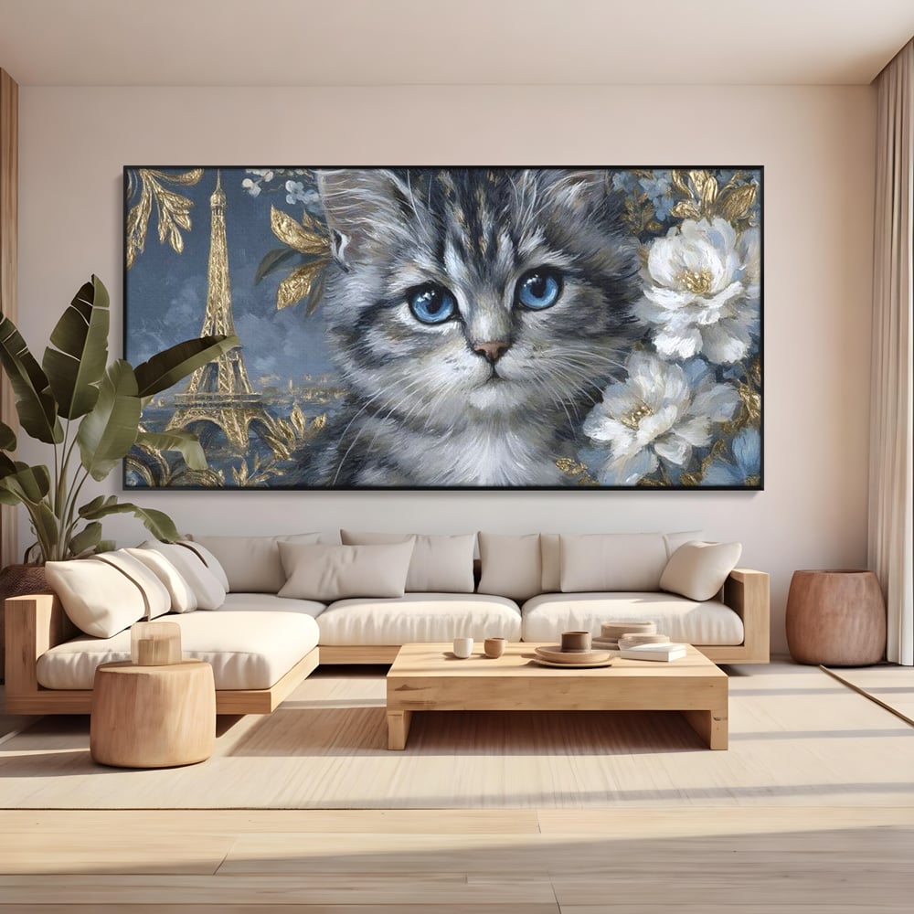 Tablou Canvas Premium, LuxCanva® M1198, Bijuteriile Parisului, Turnul Eiffel, Auriu, Flori, Petale, Pisica, Felina, Pufos, Blana, Ochi, Eleganta, Pictura, Paris, Birou, Living, Camera Copil