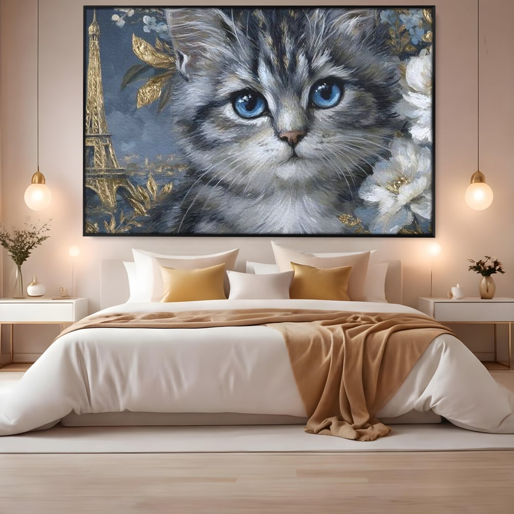 Tablou Canvas Premium, LuxCanva® M1198, Bijuteriile Parisului, Turnul Eiffel, Auriu, Flori, Petale, Pisica, Felina, Pufos, Blana, Ochi, Eleganta, Pictura, Paris, Birou, Living, Camera Copil