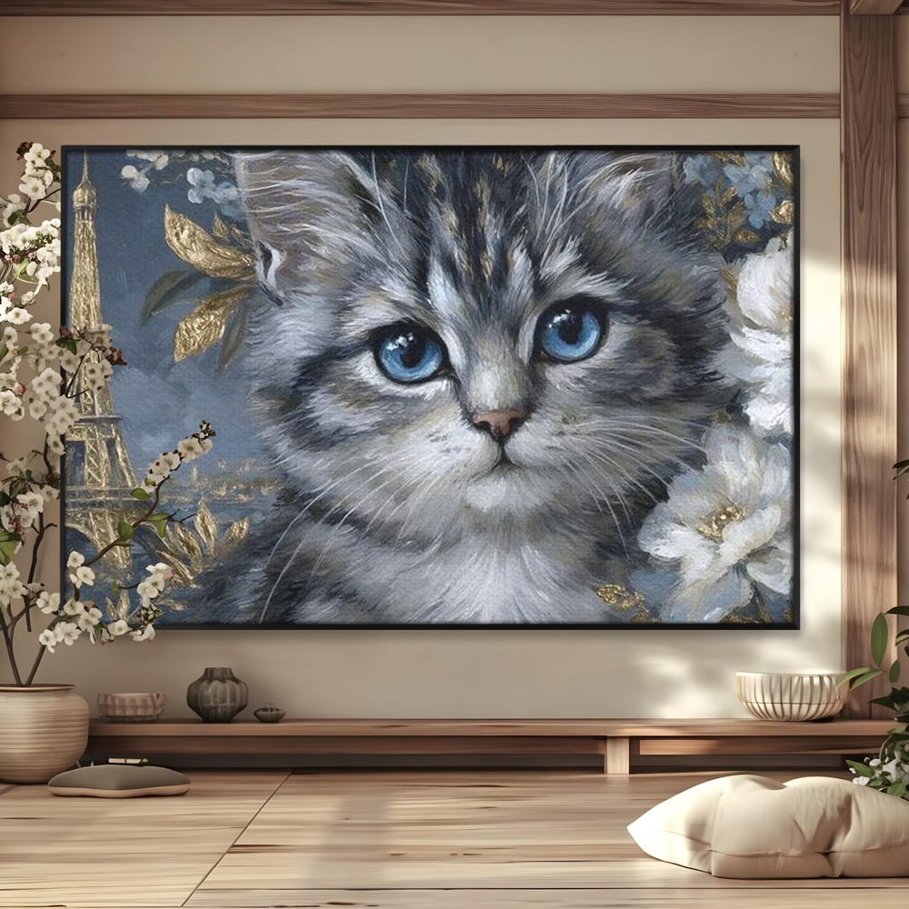 Tablou Canvas Premium, LuxCanva® M1198, Bijuteriile Parisului, Turnul Eiffel, Auriu, Flori, Petale, Pisica, Felina, Pufos, Blana, Ochi, Eleganta, Pictura, Paris, Birou, Living, Camera Copil