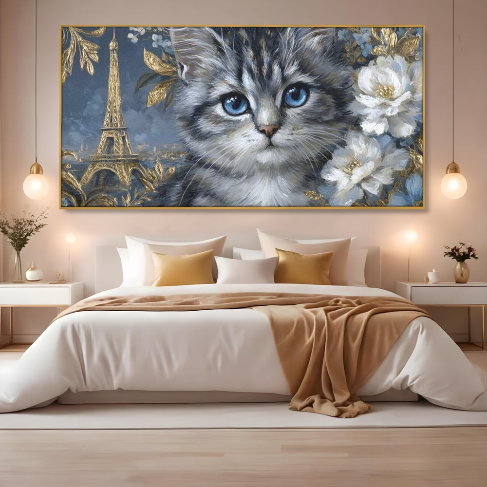 Tablou Canvas Premium, LuxCanva® M1198, Bijuteriile Parisului, Turnul Eiffel, Auriu, Flori, Petale, Pisica, Felina, Pufos, Blana, Ochi, Eleganta, Pictura, Paris, Birou, Living, Camera Copil