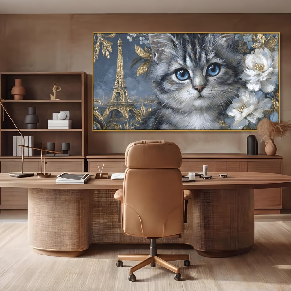 Tablou Canvas Premium, LuxCanva® M1198, Bijuteriile Parisului, Turnul Eiffel, Auriu, Flori, Petale, Pisica, Felina, Pufos, Blana, Ochi, Eleganta, Pictura, Paris, Birou, Living, Camera Copil
