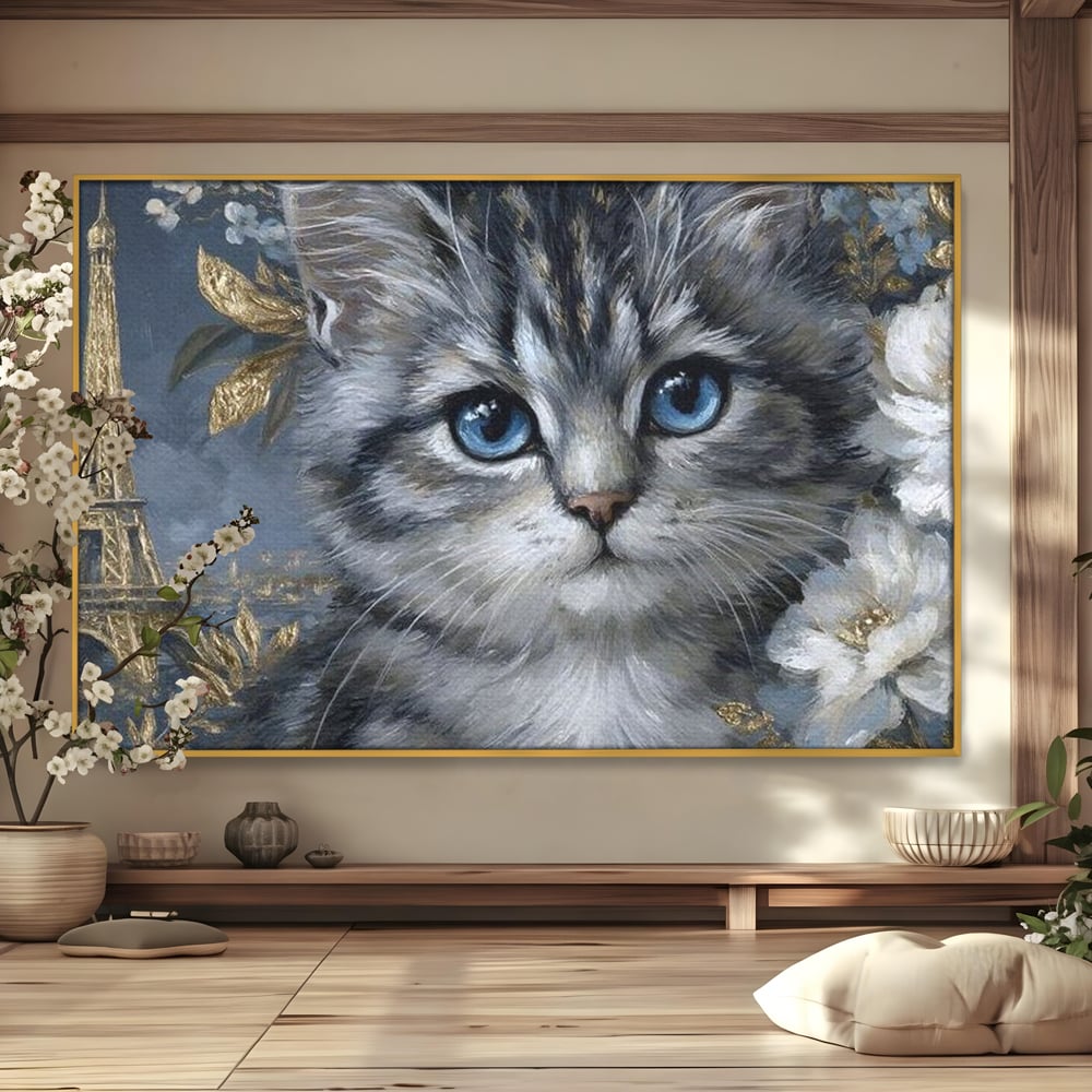 Tablou Canvas Premium, LuxCanva® M1198, Bijuteriile Parisului, Turnul Eiffel, Auriu, Flori, Petale, Pisica, Felina, Pufos, Blana, Ochi, Eleganta, Pictura, Paris, Birou, Living, Camera Copil