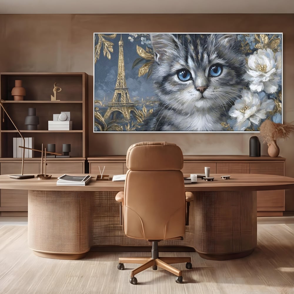 Tablou Canvas Premium, LuxCanva® M1198, Bijuteriile Parisului, Turnul Eiffel, Auriu, Flori, Petale, Pisica, Felina, Pufos, Blana, Ochi, Eleganta, Pictura, Paris, Birou, Living, Camera Copil
