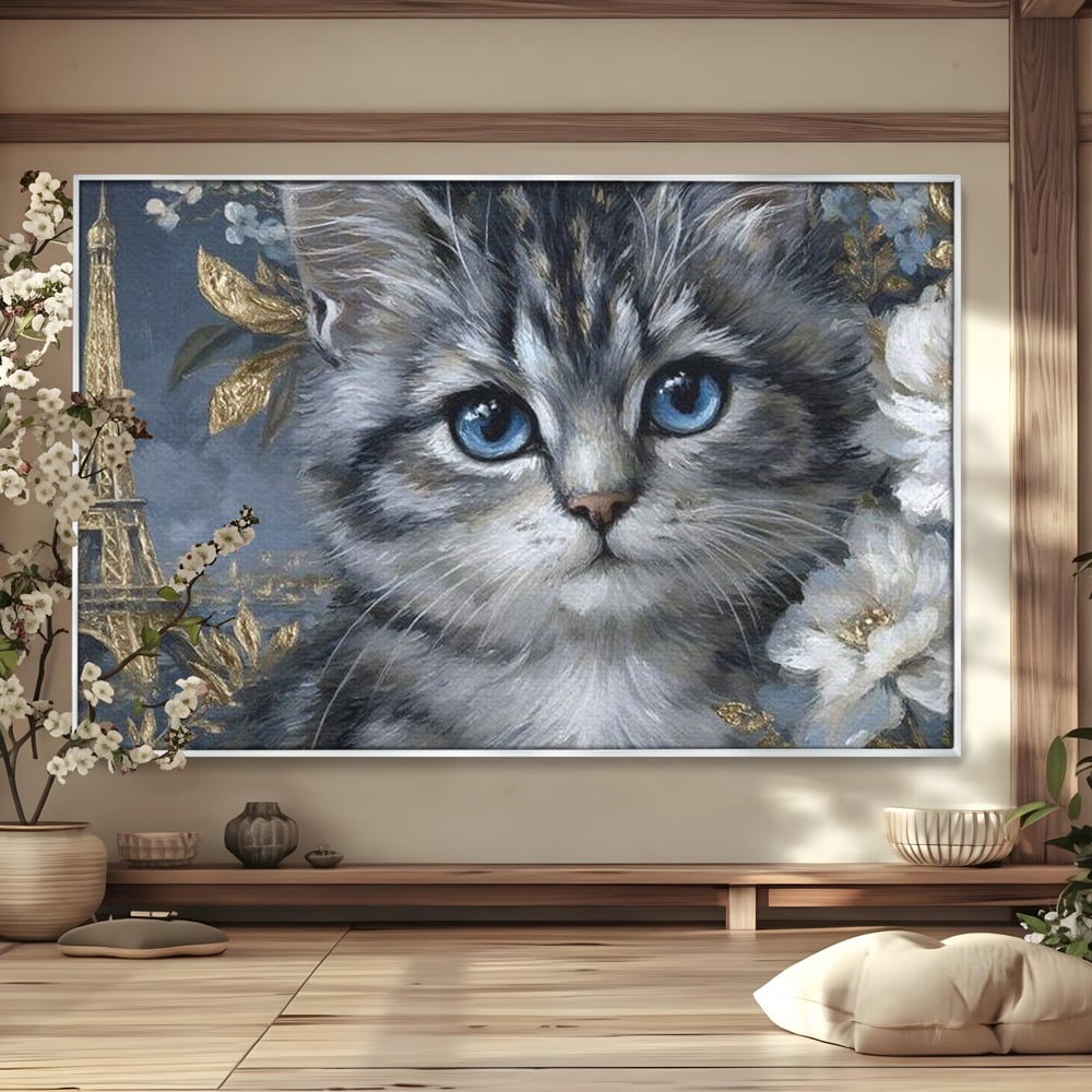 Tablou Canvas Premium, LuxCanva® M1198, Bijuteriile Parisului, Turnul Eiffel, Auriu, Flori, Petale, Pisica, Felina, Pufos, Blana, Ochi, Eleganta, Pictura, Paris, Birou, Living, Camera Copil