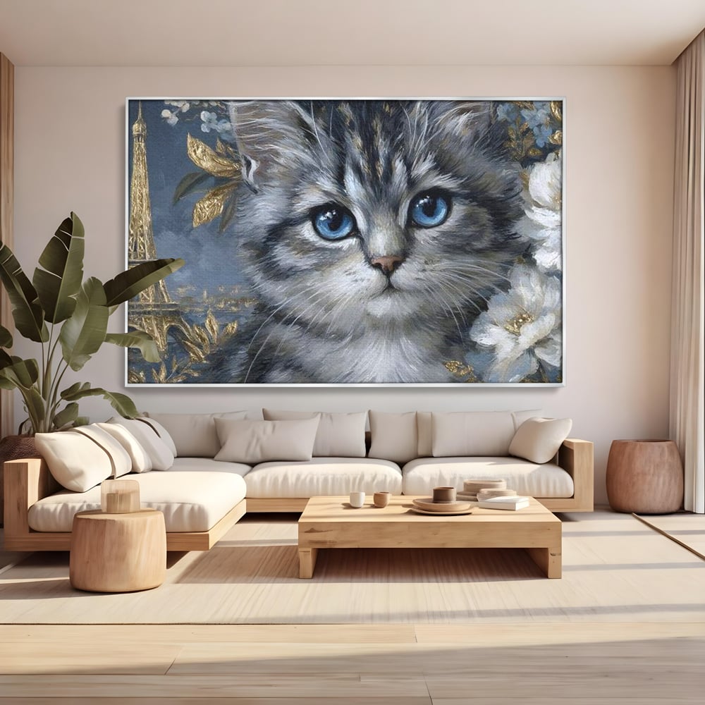 Tablou Canvas Premium, LuxCanva® M1198, Bijuteriile Parisului, Turnul Eiffel, Auriu, Flori, Petale, Pisica, Felina, Pufos, Blana, Ochi, Eleganta, Pictura, Paris, Birou, Living, Camera Copil