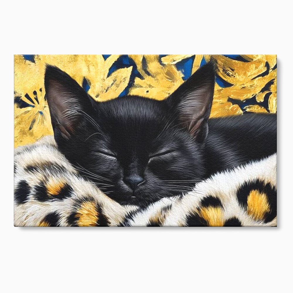 Tablou Canvas Premium, LuxCanva® M1199, Somnul Regal, Auriu, Imprimeu, Leopard, Pisica, Negru, Somn, Relaxare, Mustati, Felina, Elegant, Confort, Pufos, Birou, Living, Camera Copil