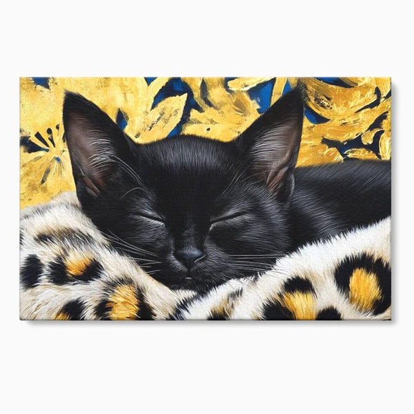 Tablou Canvas Premium, LuxCanva® M1199, Somnul Regal, Auriu, Imprimeu, Leopard, Pisica, Negru, Somn, Relaxare, Mustati, Felina, Elegant, Confort, Pufos, Birou, Living, Camera Copil