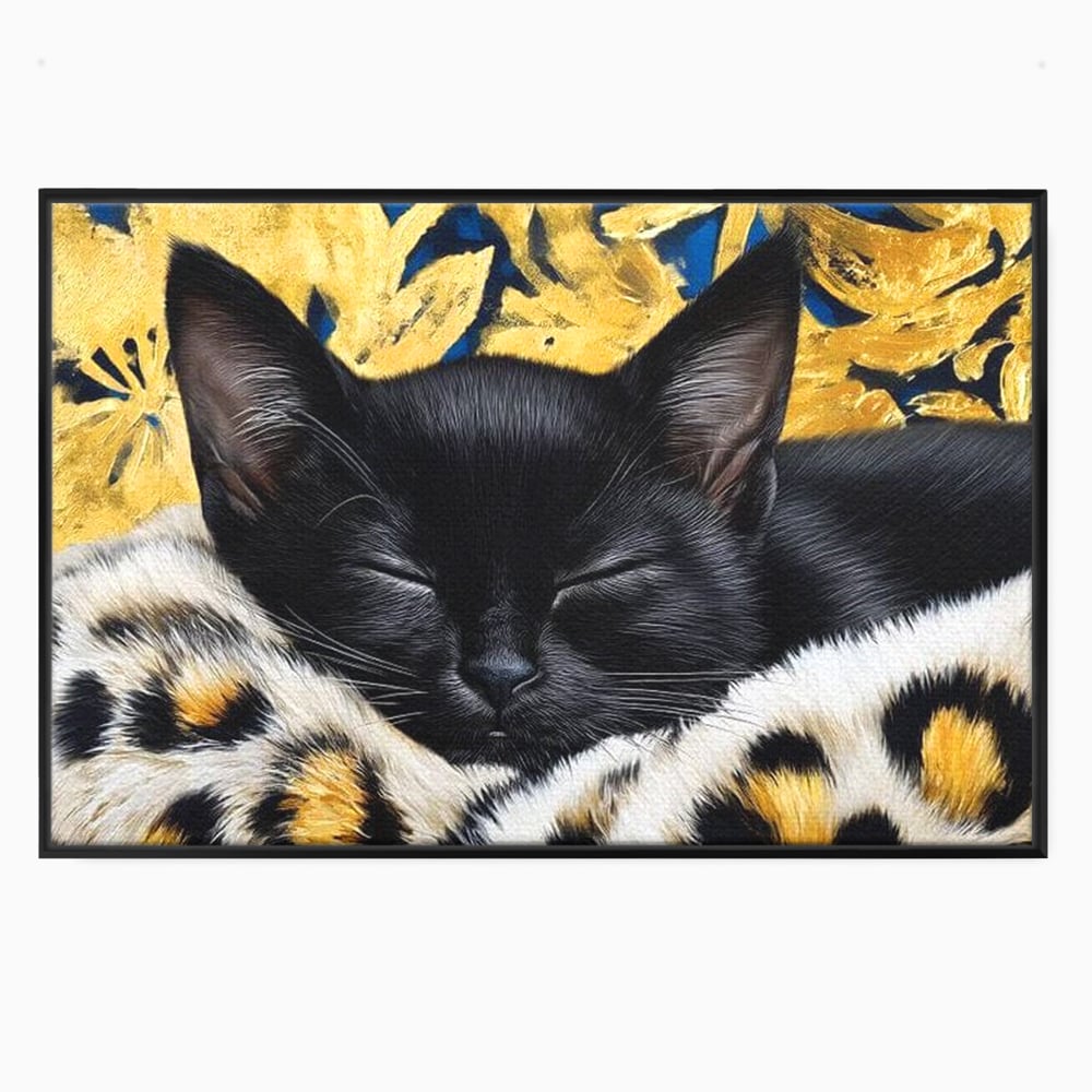 Tablou Canvas Premium, LuxCanva® M1199, Somnul Regal, Auriu, Imprimeu, Leopard, Pisica, Negru, Somn, Relaxare, Mustati, Felina, Elegant, Confort, Pufos, Birou, Living, Camera Copil
