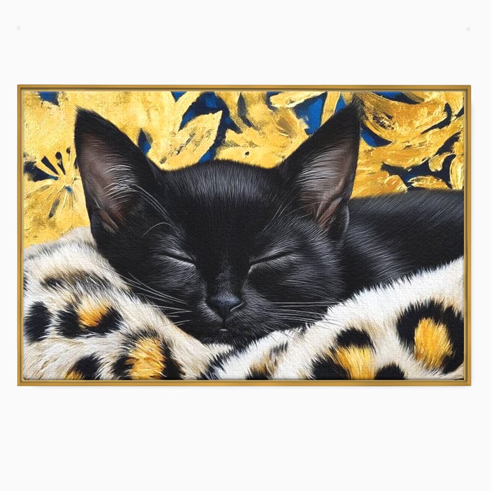 Tablou Canvas Premium, LuxCanva® M1199, Somnul Regal, Auriu, Imprimeu, Leopard, Pisica, Negru, Somn, Relaxare, Mustati, Felina, Elegant, Confort, Pufos, Birou, Living, Camera Copil