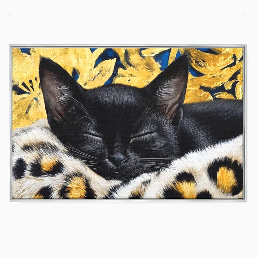 Tablou Canvas Premium, LuxCanva® M1199, Somnul Regal, Auriu, Imprimeu, Leopard, Pisica, Negru, Somn, Relaxare, Mustati, Felina, Elegant, Confort, Pufos, Birou, Living, Camera Copil