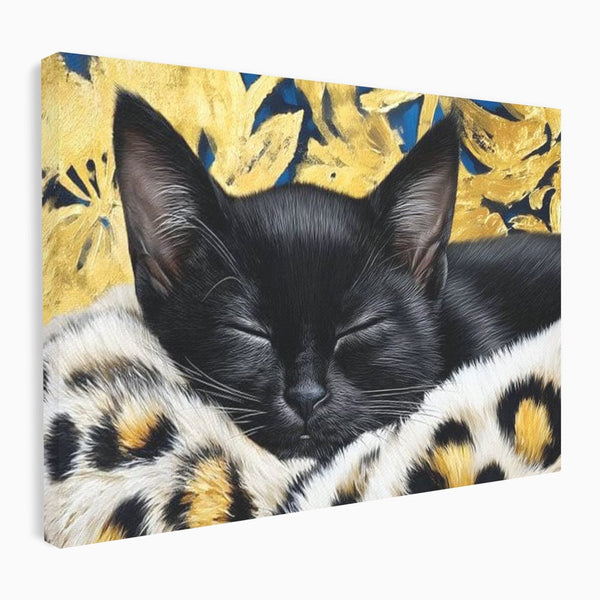Tablou Canvas Premium, LuxCanva® M1199, Somnul Regal, Auriu, Imprimeu, Leopard, Pisica, Negru, Somn, Relaxare, Mustati, Felina, Elegant, Confort, Pufos, Birou, Living, Camera Copil