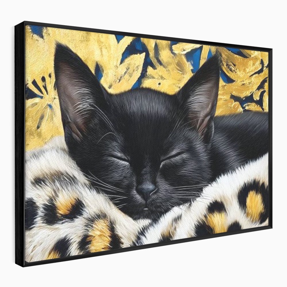 Tablou Canvas Premium, LuxCanva® M1199, Somnul Regal, Auriu, Imprimeu, Leopard, Pisica, Negru, Somn, Relaxare, Mustati, Felina, Elegant, Confort, Pufos, Birou, Living, Camera Copil