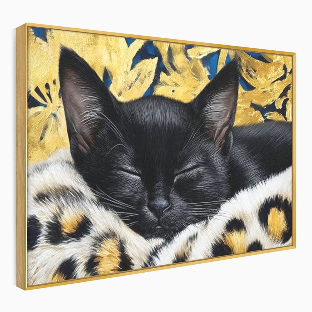Tablou Canvas Premium, LuxCanva® M1199, Somnul Regal, Auriu, Imprimeu, Leopard, Pisica, Negru, Somn, Relaxare, Mustati, Felina, Elegant, Confort, Pufos, Birou, Living, Camera Copil