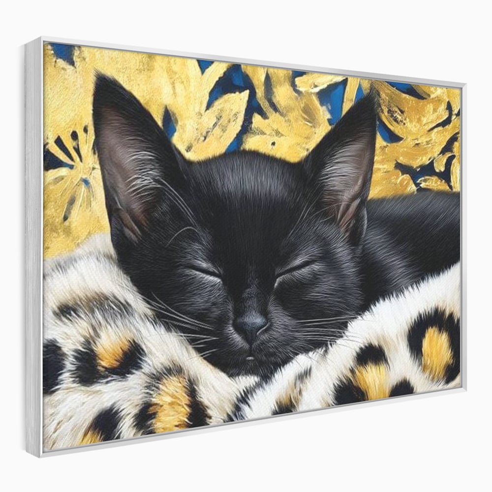 Tablou Canvas Premium, LuxCanva® M1199, Somnul Regal, Auriu, Imprimeu, Leopard, Pisica, Negru, Somn, Relaxare, Mustati, Felina, Elegant, Confort, Pufos, Birou, Living, Camera Copil