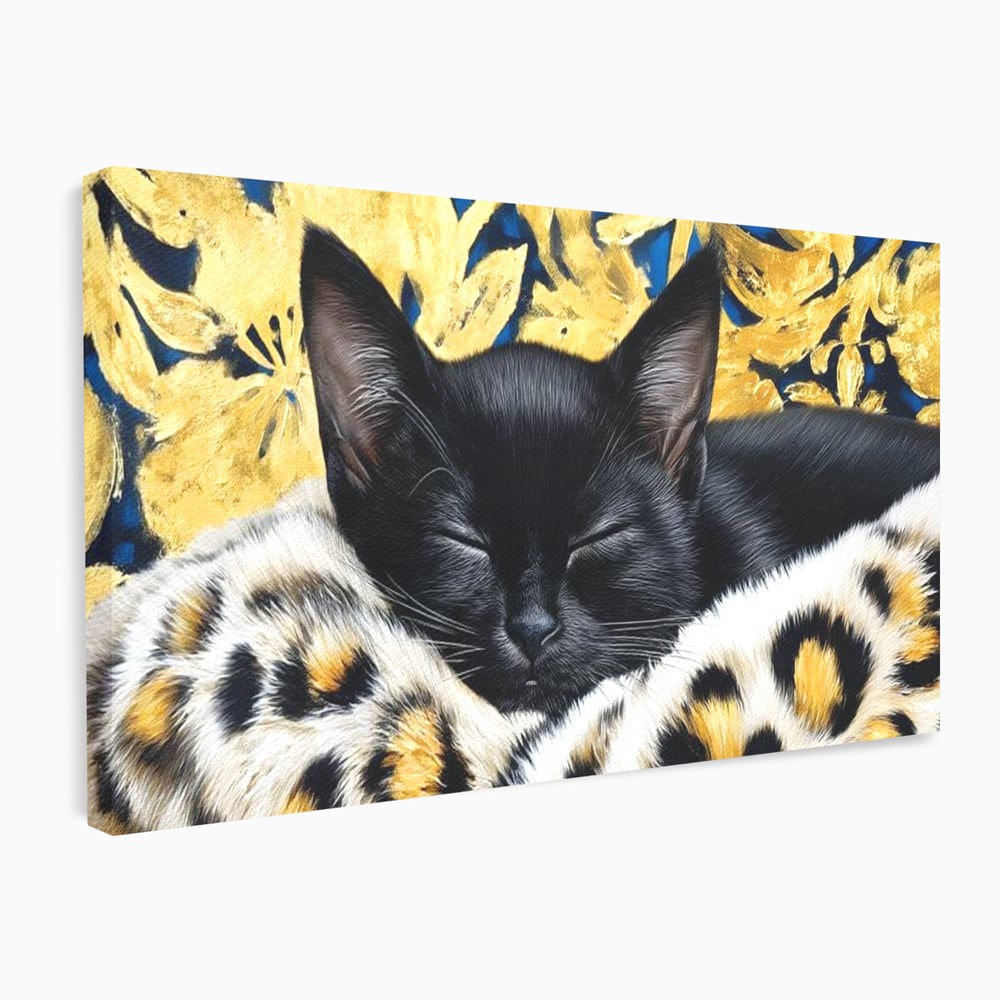Tablou Canvas Premium, LuxCanva® M1199, Somnul Regal, Auriu, Imprimeu, Leopard, Pisica, Negru, Somn, Relaxare, Mustati, Felina, Elegant, Confort, Pufos, Birou, Living, Camera Copil