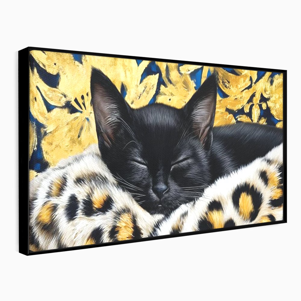 Tablou Canvas Premium, LuxCanva® M1199, Somnul Regal, Auriu, Imprimeu, Leopard, Pisica, Negru, Somn, Relaxare, Mustati, Felina, Elegant, Confort, Pufos, Birou, Living, Camera Copil