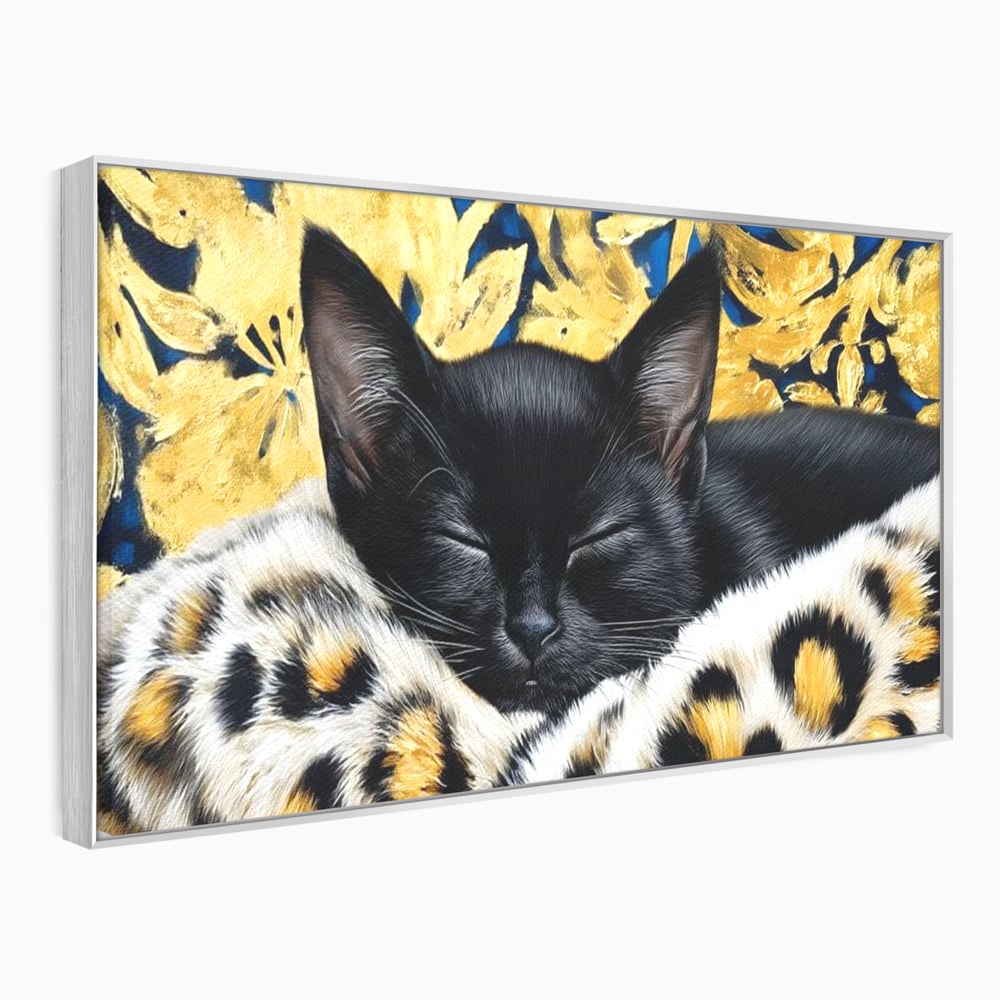 Tablou Canvas Premium, LuxCanva® M1199, Somnul Regal, Auriu, Imprimeu, Leopard, Pisica, Negru, Somn, Relaxare, Mustati, Felina, Elegant, Confort, Pufos, Birou, Living, Camera Copil