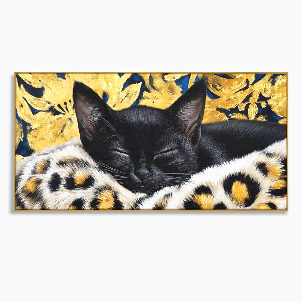 Tablou Canvas Premium, LuxCanva® M1199, Somnul Regal, Auriu, Imprimeu, Leopard, Pisica, Negru, Somn, Relaxare, Mustati, Felina, Elegant, Confort, Pufos, Birou, Living, Camera Copil
