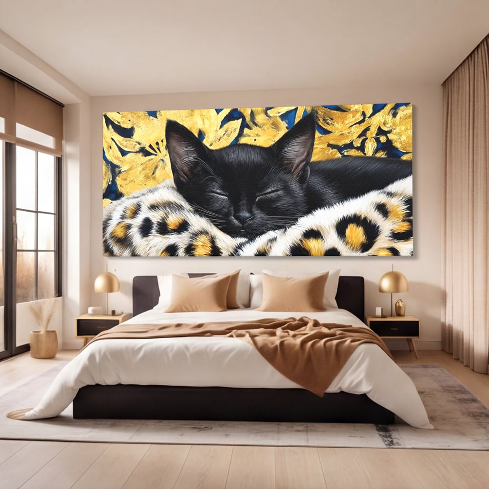 Tablou Canvas Premium, LuxCanva® M1199, Somnul Regal, Auriu, Imprimeu, Leopard, Pisica, Negru, Somn, Relaxare, Mustati, Felina, Elegant, Confort, Pufos, Birou, Living, Camera Copil