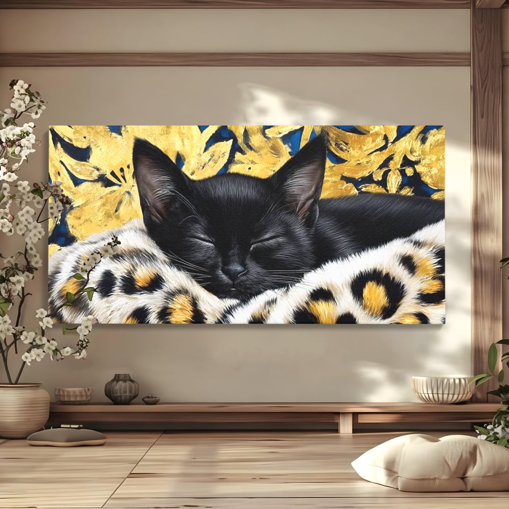 Tablou Canvas Premium, LuxCanva® M1199, Somnul Regal, Auriu, Imprimeu, Leopard, Pisica, Negru, Somn, Relaxare, Mustati, Felina, Elegant, Confort, Pufos, Birou, Living, Camera Copil