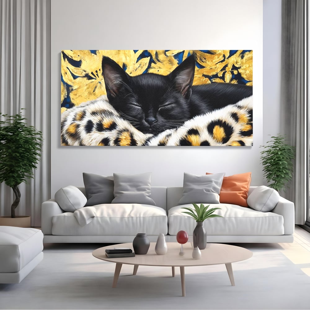 Tablou Canvas Premium, LuxCanva® M1199, Somnul Regal, Auriu, Imprimeu, Leopard, Pisica, Negru, Somn, Relaxare, Mustati, Felina, Elegant, Confort, Pufos, Birou, Living, Camera Copil